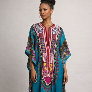 Colorful Maxi Dress African Print O/S Vibrant Boho Relaxed Beaded Embellished